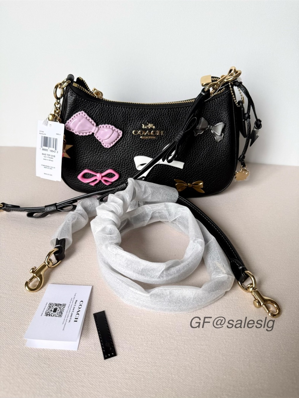 Coach Teri Shoulder Bag Black Pebble Leather Bow Charm Set CDY93 NWT - Picture 11 of 15